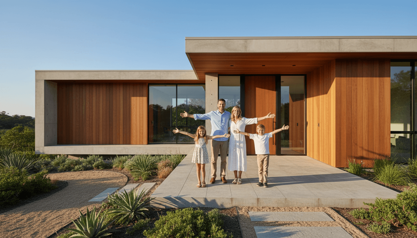 Home exterior with welcoming family