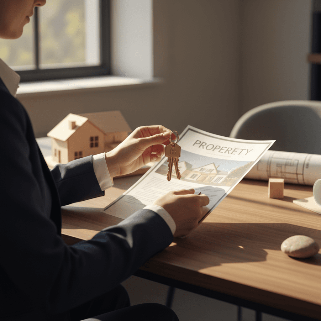 Real estate professional holding home keys in bright modern living room